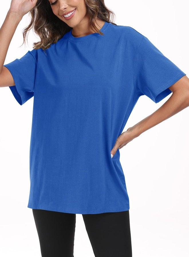 PRIMODA Womens Oversized Short Sleeve T Shirts Trendy Crew Neck Loose Workout Tee Casual Summer Tops Cotton(Royal Blue L) - Image 2